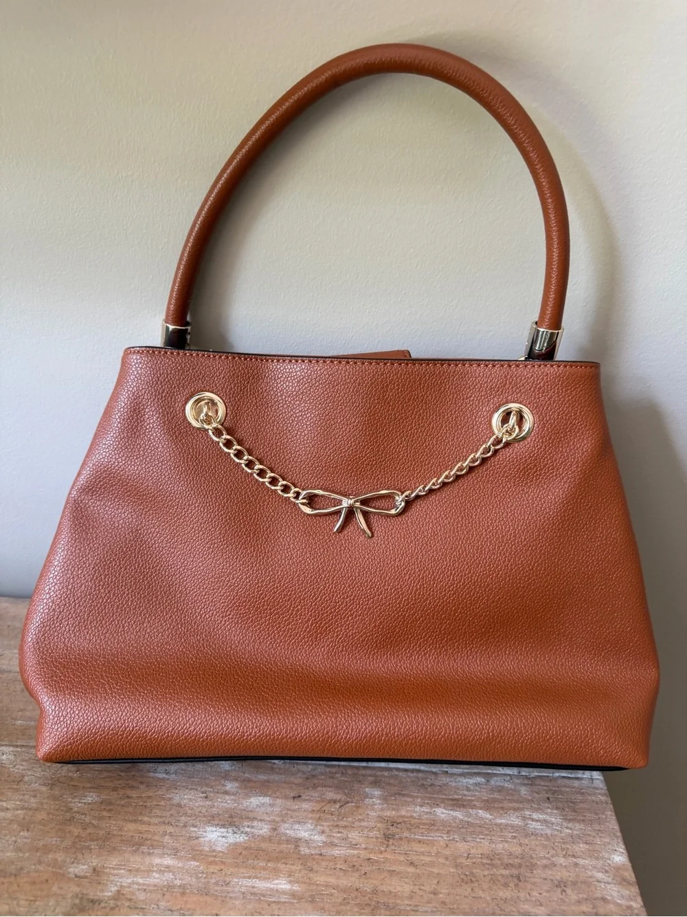 LC Lauren Conrad Structured Small Tote Handbag in Cognac with Gold Chain Detail